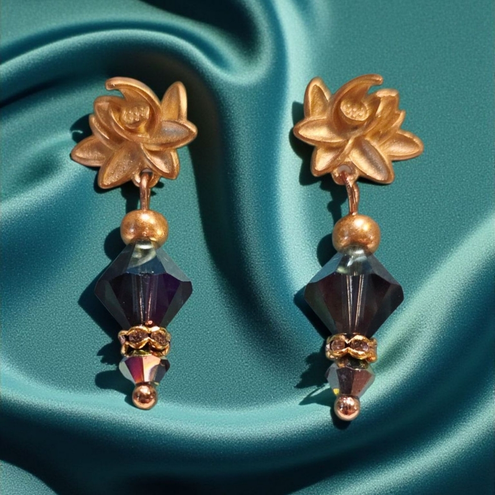 SALE!! Gold Lotus Blossom and Aurora Crystal Studded Drop Earring
